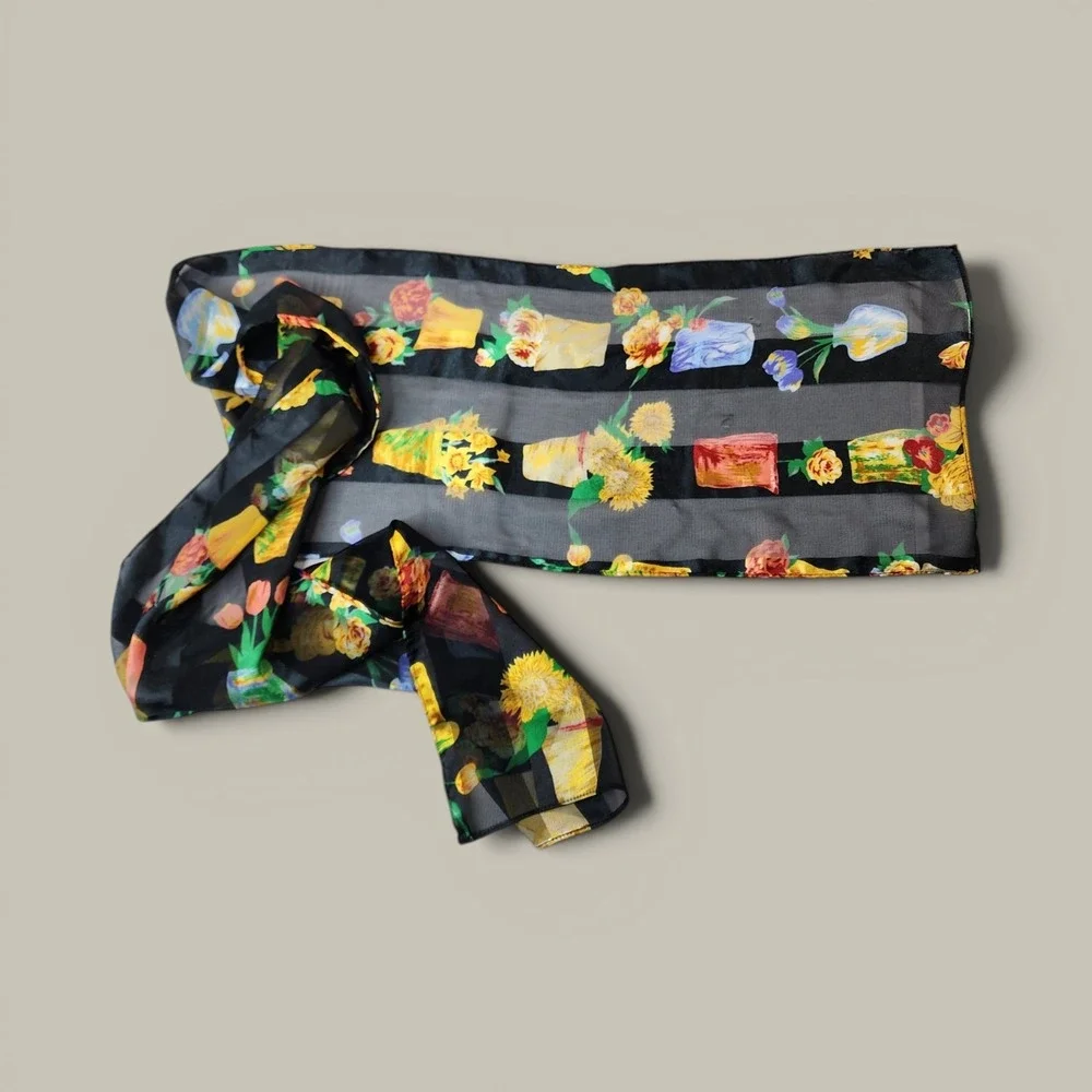 Beatrix Potter Floral Scarf Black Botanical Print Sheer Stripes Boho Cottagecore